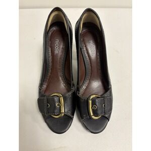 Nicole Womens Black Gold Buckle Peep Toe Platform Y2K 90s Heels Office Wear Sz 6